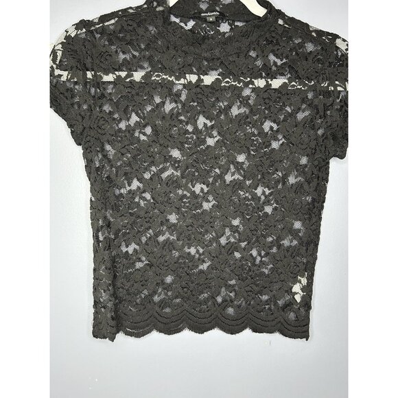 90's Ambiance Shirt Womens S Black Lace Sheer Cap Sleeve Scallop Hem Crop Top - Picture 8 of 14